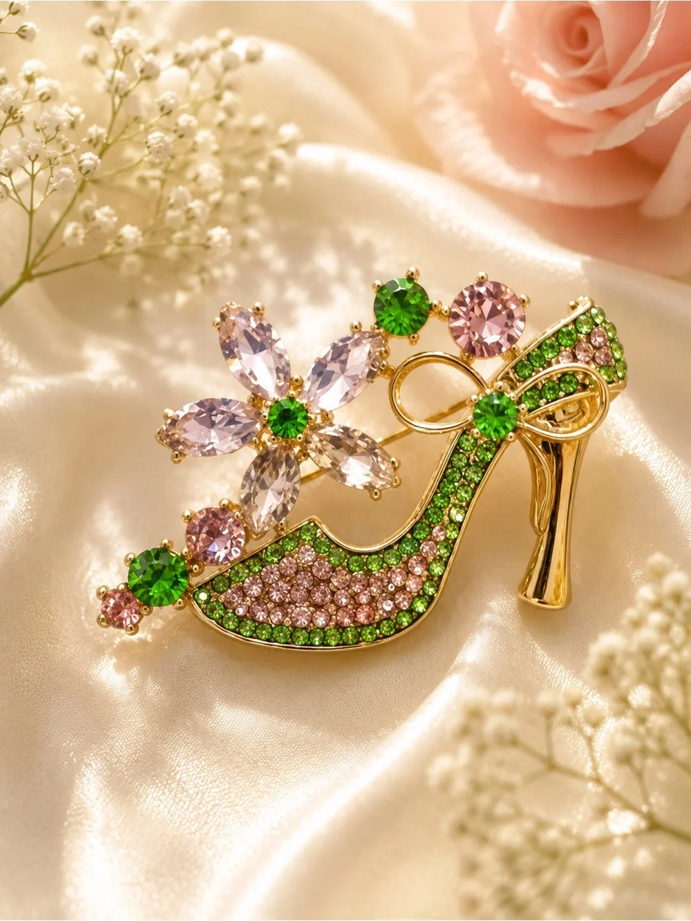 Gold High Heel Brooch with Pink and Green Crystals by